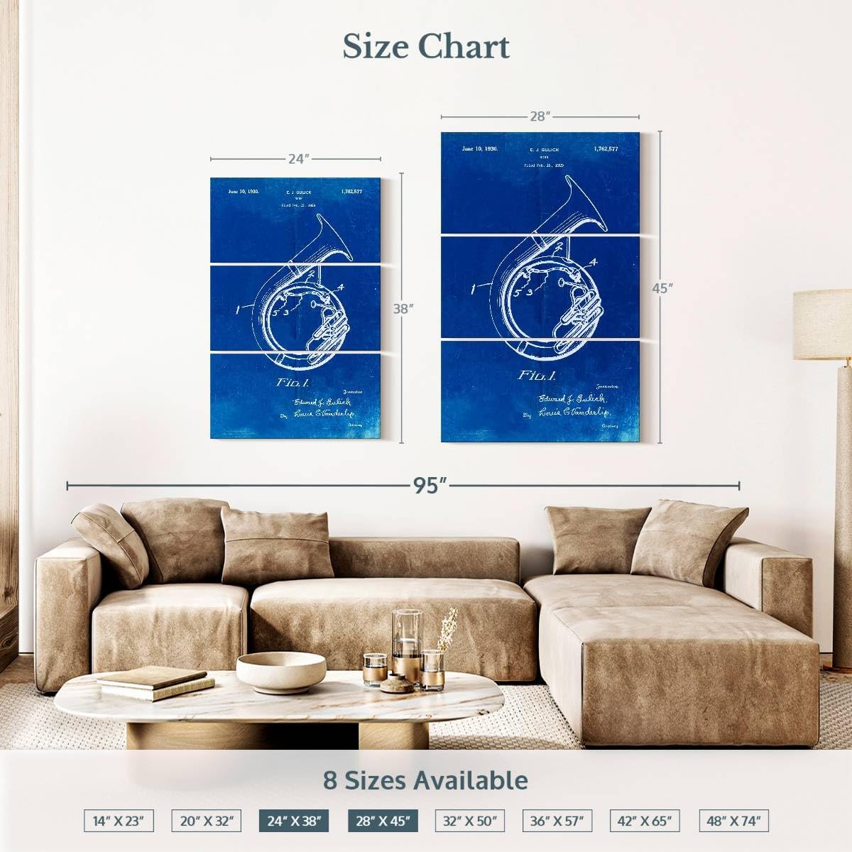 Elephant Stock - Faded Blueprint Sousaphone Patent Poster Wall Art - Vertical Multi Panel Canvas - 3 Piece Mancave Wall Decor - Drawing Music Blueprints Multi Piece Wall Art - Blue And White Decor by Cole Borders - 24