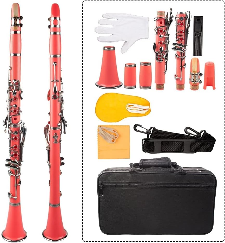 Standard Clarinet Pink ABS Clarinet Bb Cupronickel Nickel Plated 17 Keys with Cleaning Cloth Gloves Woodwind Instrument Beginner Clarinet