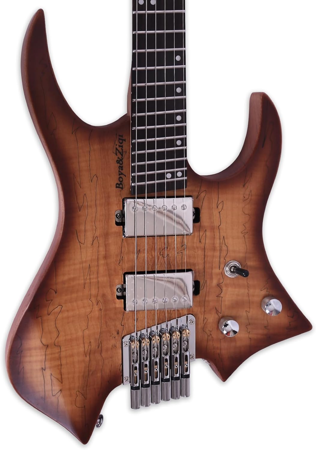 Boya&Ziqi Headless Electric Guitar LIZARD-6,FANNED FRETS, Independently Adjustable Bridge,Split coil control,5-Piece Maple/Streaked Ebony Neck (Natural Burst Spalted Maple, Right)