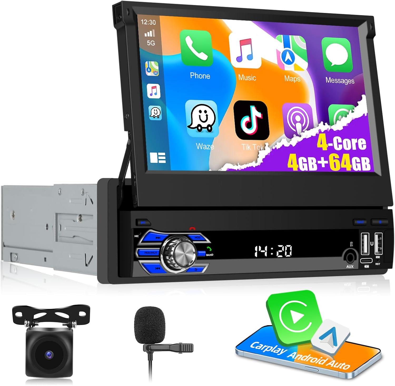 [4+64G] 7 Inch Wireless CarPlay Single Din Car Stereo Radio Touch Screen Bluetooth Audio with Android Auto GPS Navigation Mirror Link WiFi RDS Backup Camera MIC