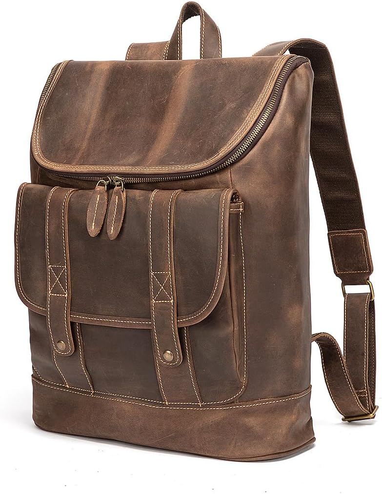 Large Capacity Retro Backpack College Style Genuine Leather Backpack for Travel and Mountaineering Gifts for Men (Coffee)