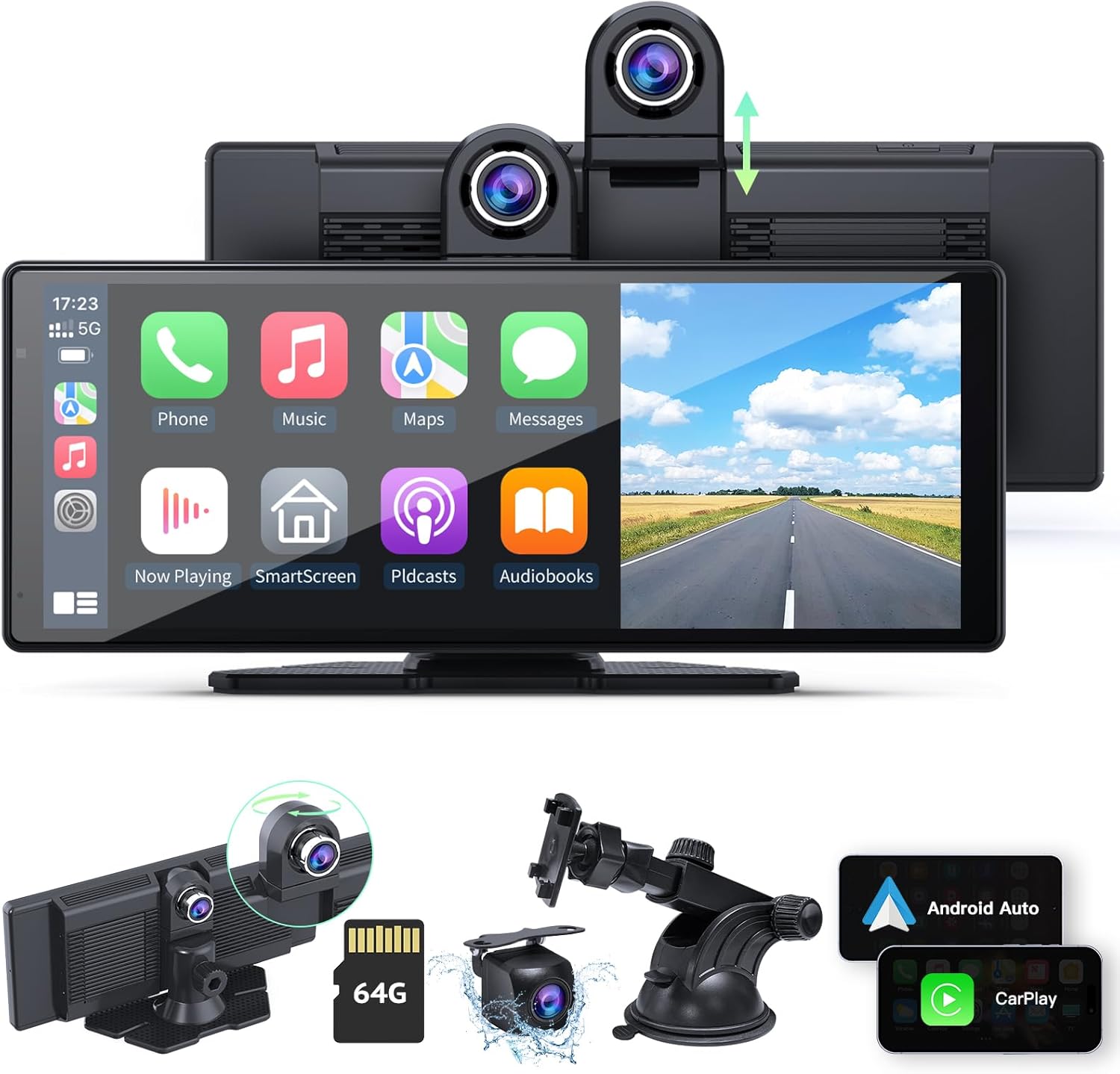 2024 Wireless Protable Carplay &Android Auto,9.3'' Car Play Screen, Car Play with Lifting 2.5K Dash Cam,1080P Backup Camera,Drive Mate Carplay Box with Siri/FM/Bluetooth for All Car Models