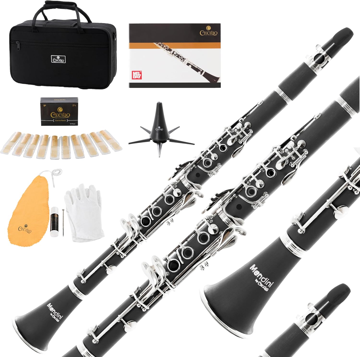 Mendini By Cecilio B Flat Clarinet for Beginner, Ebonite Bb Clarinet with 10 Reeds, Mouthpiece, Cork Grease, Gloves, Cleaning Cloth, Hard Case, Pocketbook, Stand (Black)