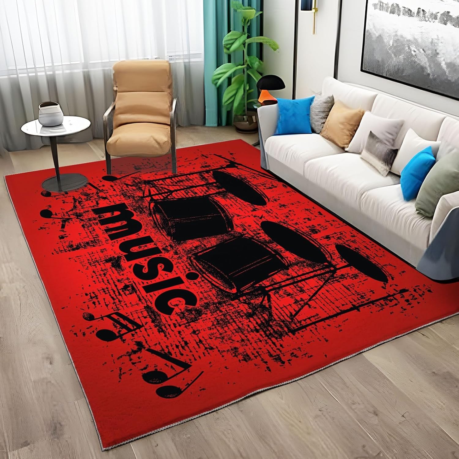 Machine Washable Rug 4x6 ft Washable Area Rugs Red Musical Note Drum Wheel Non Slip Carpets for Living Room Bedroom, Low Pile Stain Resistant Carpet, for Nursery Office Home Decor