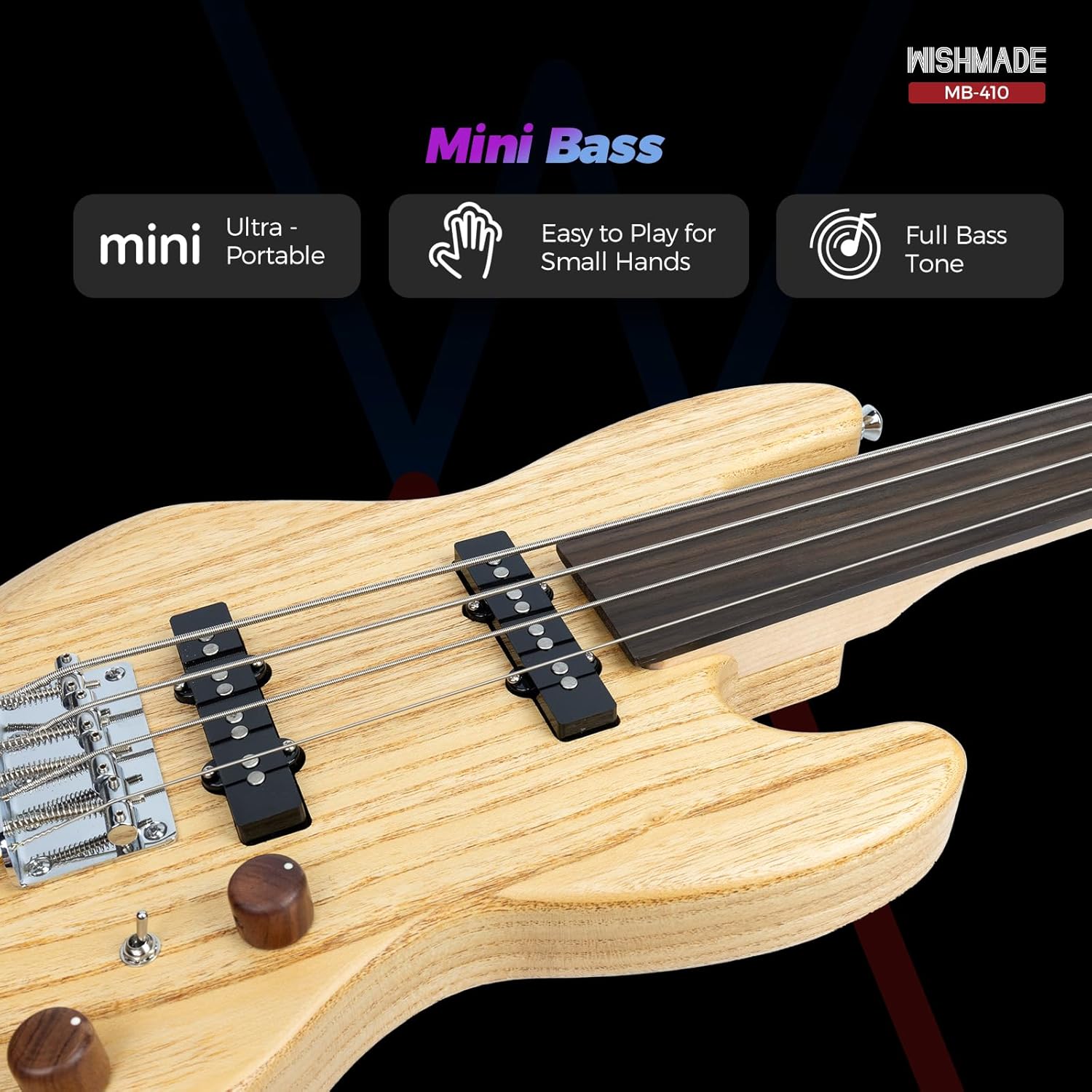 WishMade Electric Bass Guitar Fretless Mini Bass Guitar,Portable Small Size Guitar with Gigbag,Maple Neck,HH.(4 String Natural)
