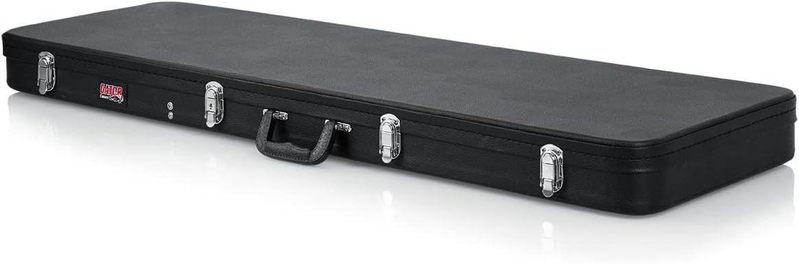 Gator GWE-BASS Wood Case for Precision/Jazz Bass Style Bass Guitars Bundle with Strap, Cable, and Austin Bazaar Polishing Cloth