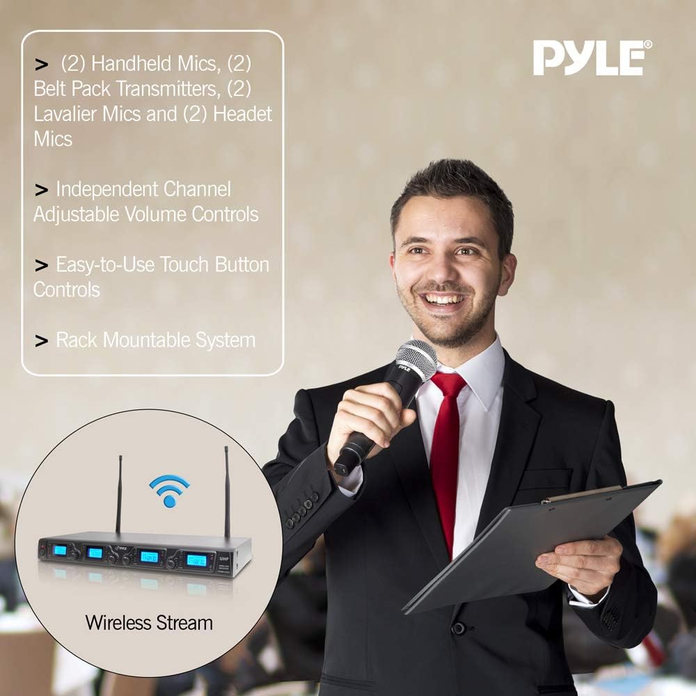 Pyle Upgraded Wireless Microphone System - 4-Channel UHF, Adjustable Frequency, Includes (2) Handheld Mics, (2) Beltpack Transmitters, (2) Lavalier Mics & (2) Headset Mics - PDWM4350U