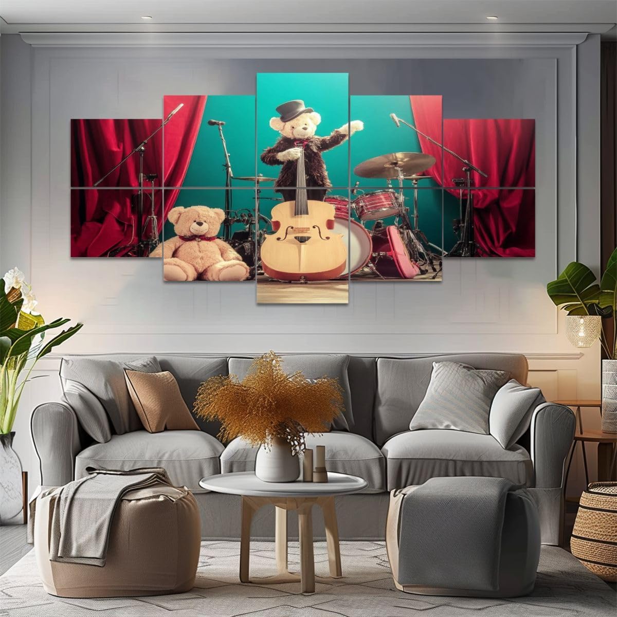 Art Acoustic Panels retro teddy bear toys play bass guitar old luggage vocalist Acoustical Soundproof Wall Panel with Self-Adhesive Decorative Sound Absorbing Panel Acoustic Treatment