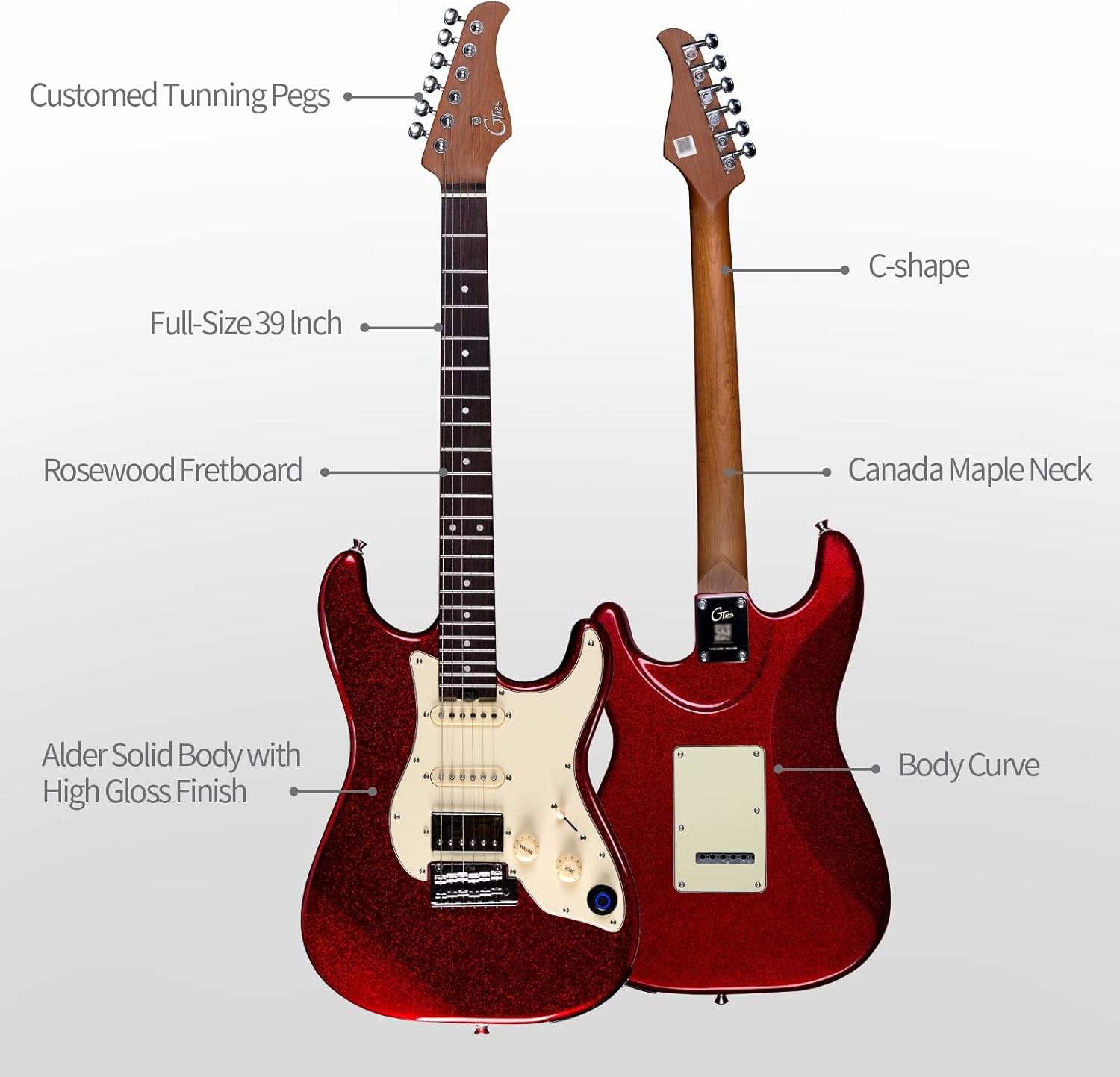 GTRS S800 Smart Electric Guitar Kit with Effects System, HHS Pickup, Loop Drum Machine, 12 Hours Battery Life, Rosewood Fretboard Glossy Paint for Beginner, Professional Player, Performance