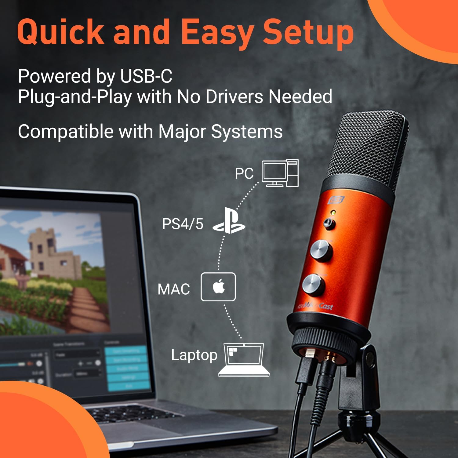 ESI cosMik uCast | USB Microphone, Cardioid Condenser Computer Microphone for Gaming, Streaming, Podcasting, 2m USB-C Cable, Mute Button, Built-in Headphone Jack, Gain Control, USB Mic for PC & Mac