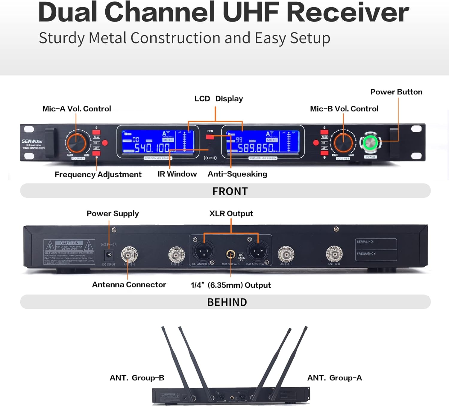 Profession Wireless Microphone System, UHF Handheld Dual Cordless Mic True Diversity Metal Microphones Set, 700ft Range, 2x100 Channels, Auto Scan, Mics for Stage/Studio/Singing/Church
