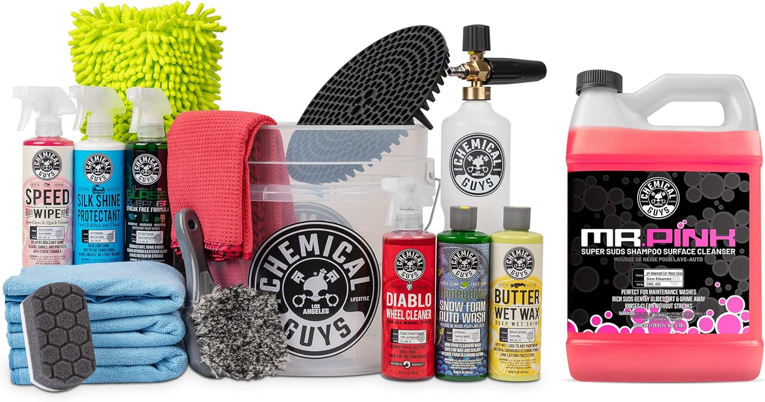 Chemical Guys CWS_402_64FC 16-Piece Arsenal Builder Carwash Kit, Foam Cannon, Bucket (6) 16 oz Car Care Cleaning Chemicals (Works w/Pressure Washers) with Mr. Pink Foaming Car Wash Soap, 128 oz