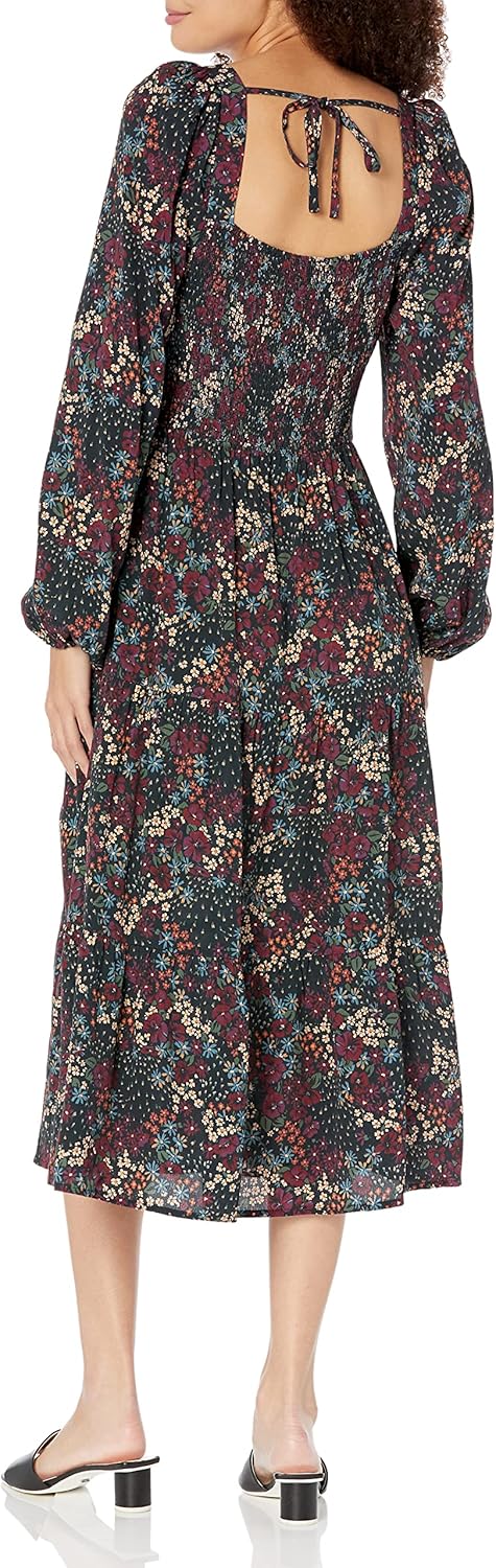 Paige Womens Josefina Dress Midi Long Sleeve Sweethear Neckline in Black Multi