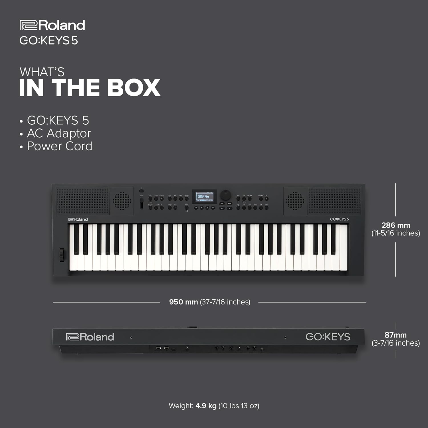 Roland GO:KEYS 5 Music Creation Keyboard | 61-Note Keyboard | Built-In Stereo Speakers | Mic Input | Bluetooth Audio/MIDI Support for Music Streaming - Graphite