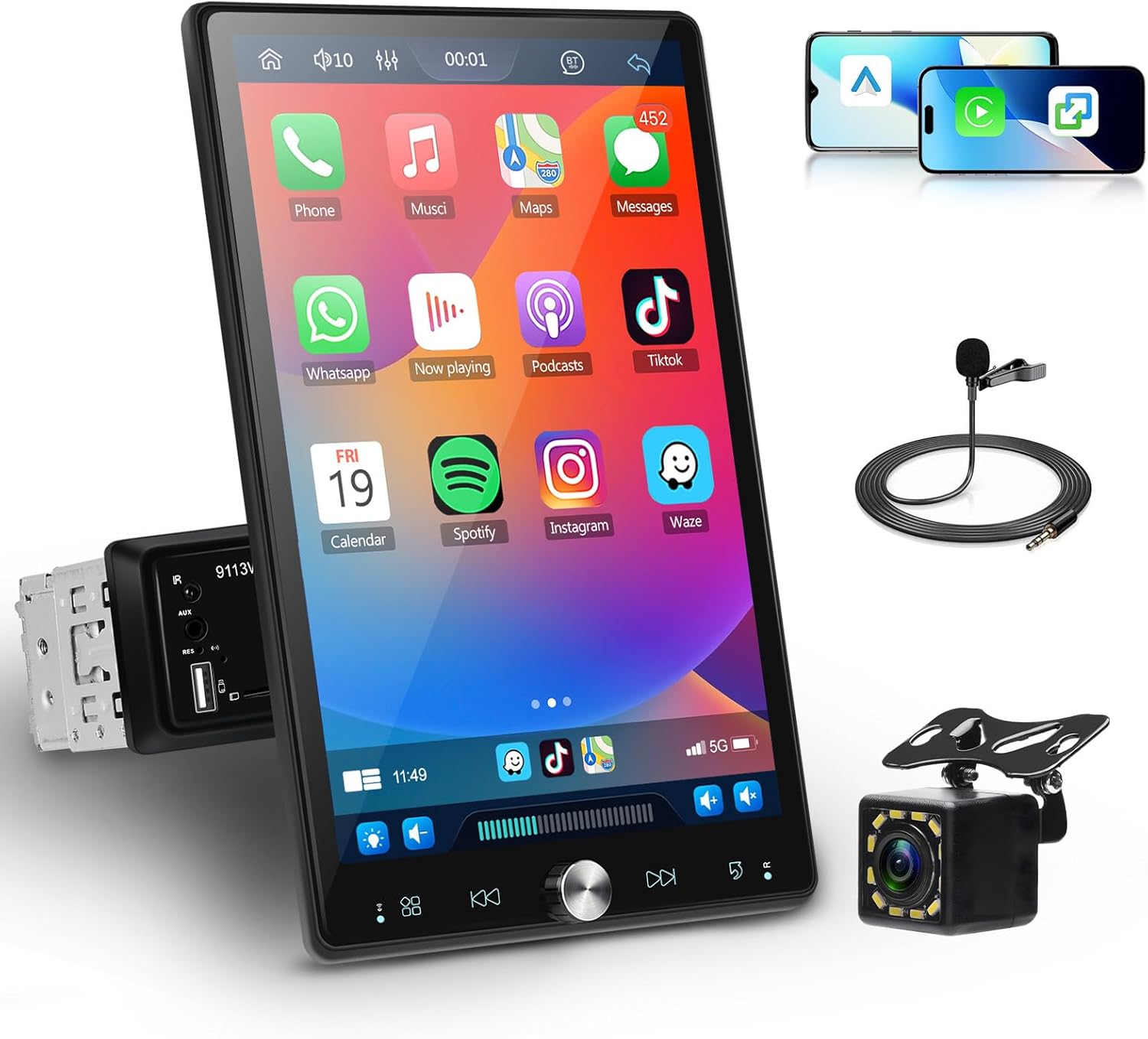 Single Din Car Radio 10.4 Inch Vertical Touch Screen Radio with Wireless Carplay Android Auto, Hodozzy Vertical Car Stereo with Bluetooth, FM/RDS, SWC/USB/AUX + Backup Camera