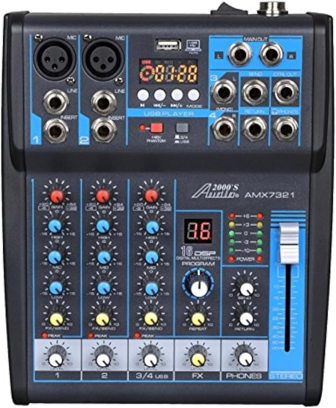 Audio2000'S AMX7321 Professional Four-Channel Audio Mixer with Built-In USB Interface to Computer for Recording and Music Playing Applications