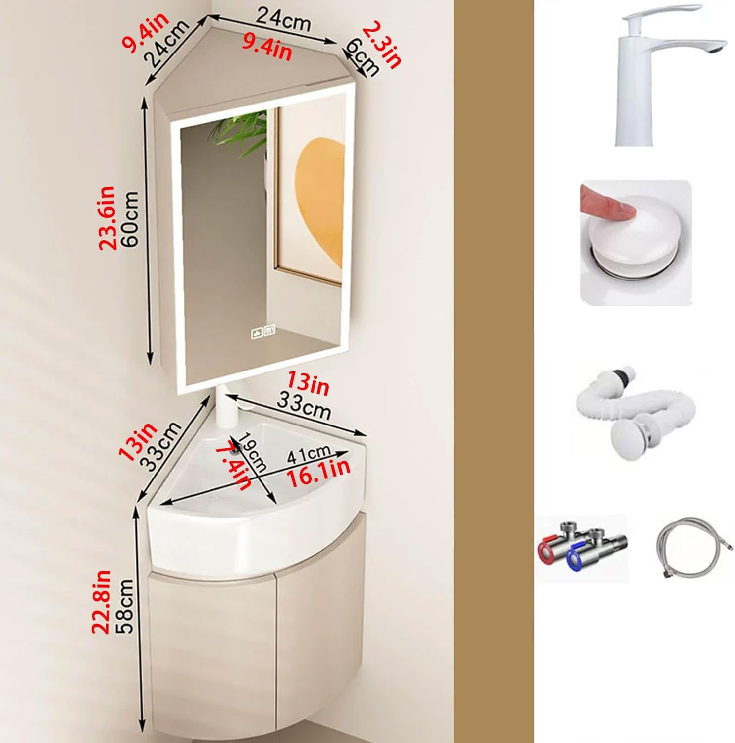 Corner Wall Mount Bathroom Sink, Corner Bathroom Vanity with Sink, Ceramic Corner Sink with Storage Container, Ceramic Wash Basin, Mirror Cabinets with Anti-Fog, for Small Space(33cm/13in)