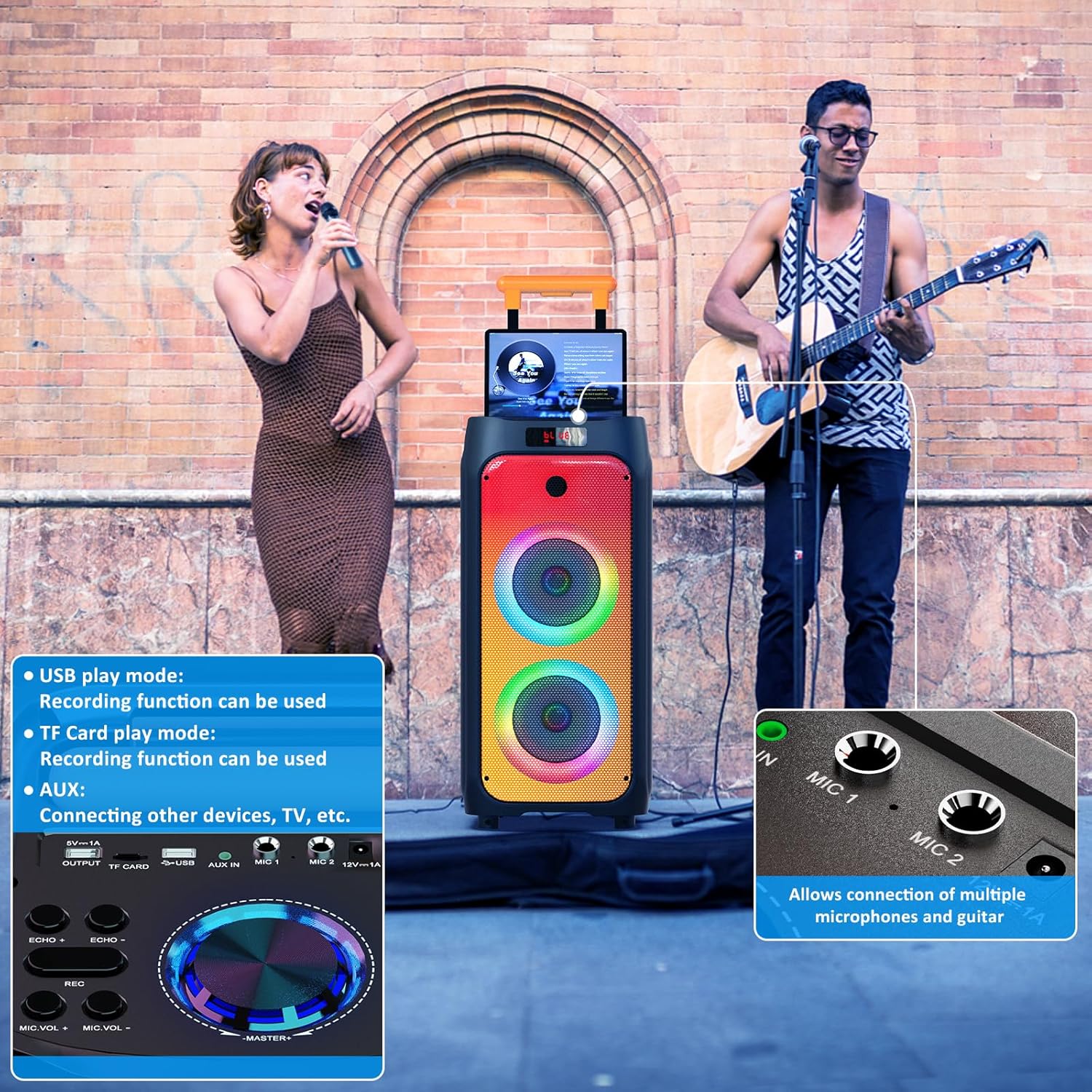 Karaoke Machine with 2 Wireless Microphones, Big Bluetooth Party Speaker with 500W Peak Power for Adults, PA System with Rolling Wheels and Trolley, Perfect for Outdoor, Home Party, Gatherings