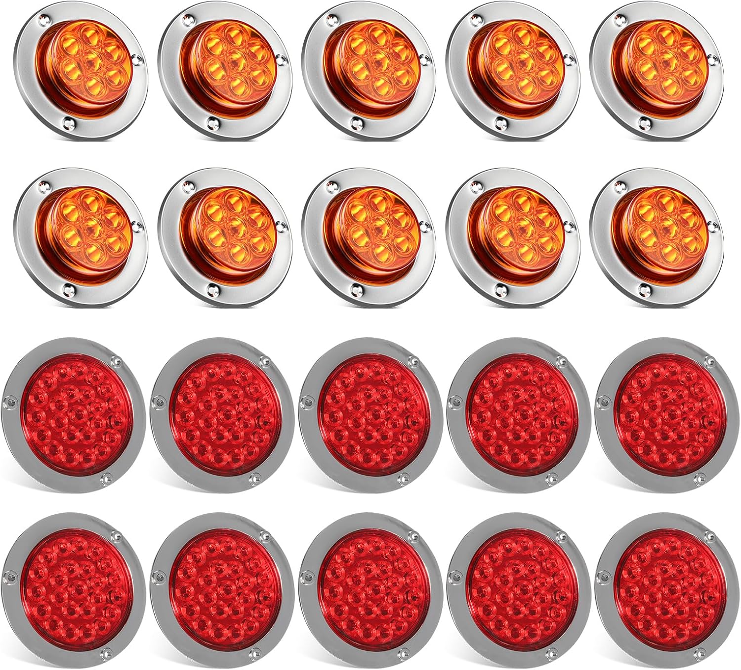 Partsam 10x 4 Round Led Trailer Tail Lights Red 24LEDs + 10Pcs 2 inch Amber 7LED Side Marker Clearance Light