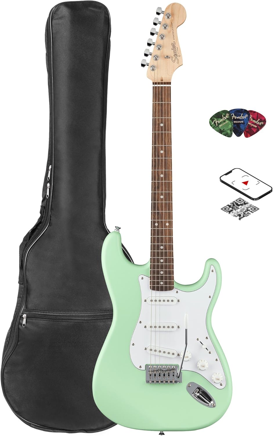 Fender Squier Stratocaster Electric Guitar - Surf Green Bundle with Gig Bag, Picks, and Austin Bazaar Instructional Video