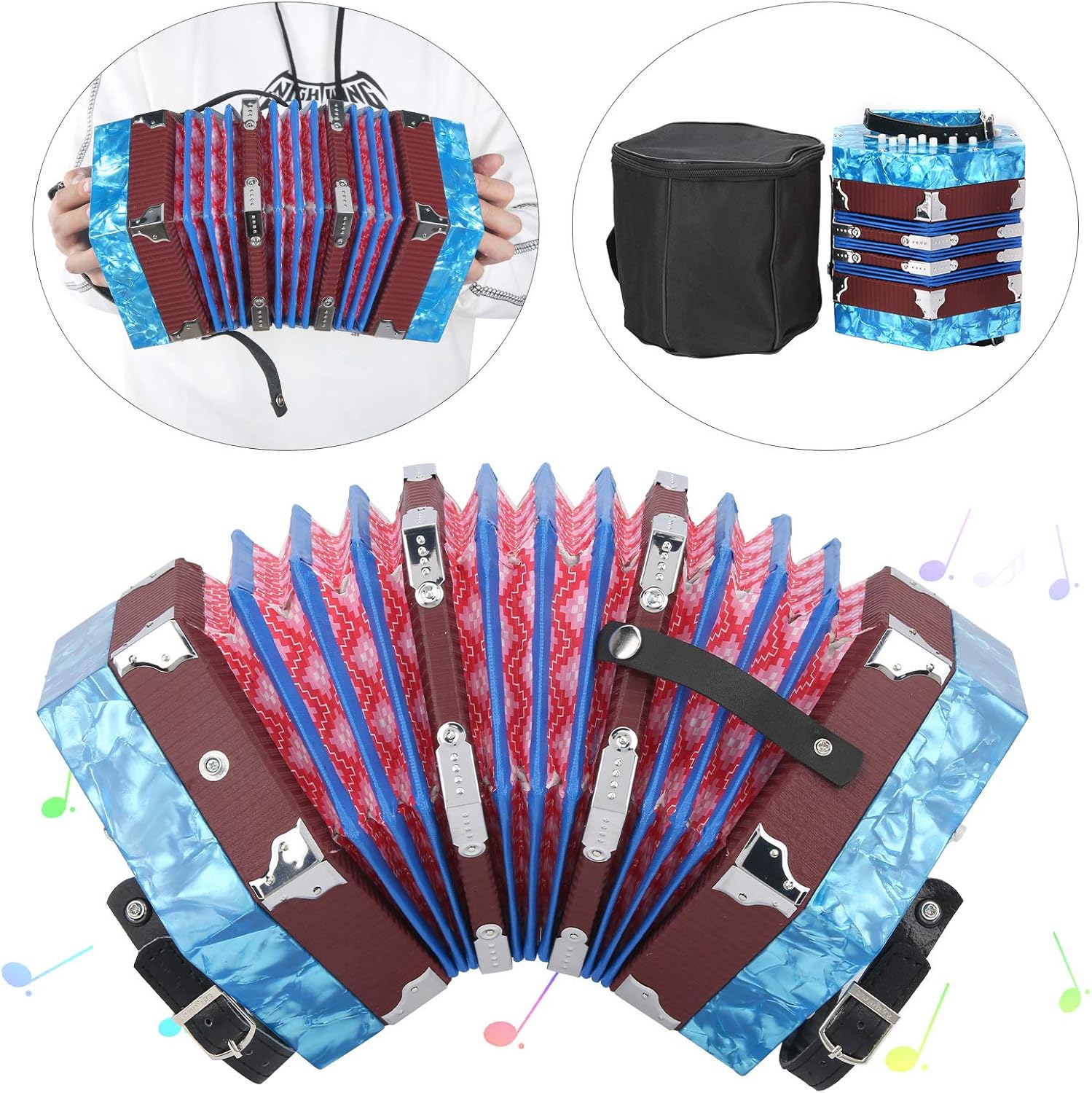 Concertina Accordion Portable Professional Musical Instrument Hand Piano for Adults Students Beginners Performance (Sky Blue)