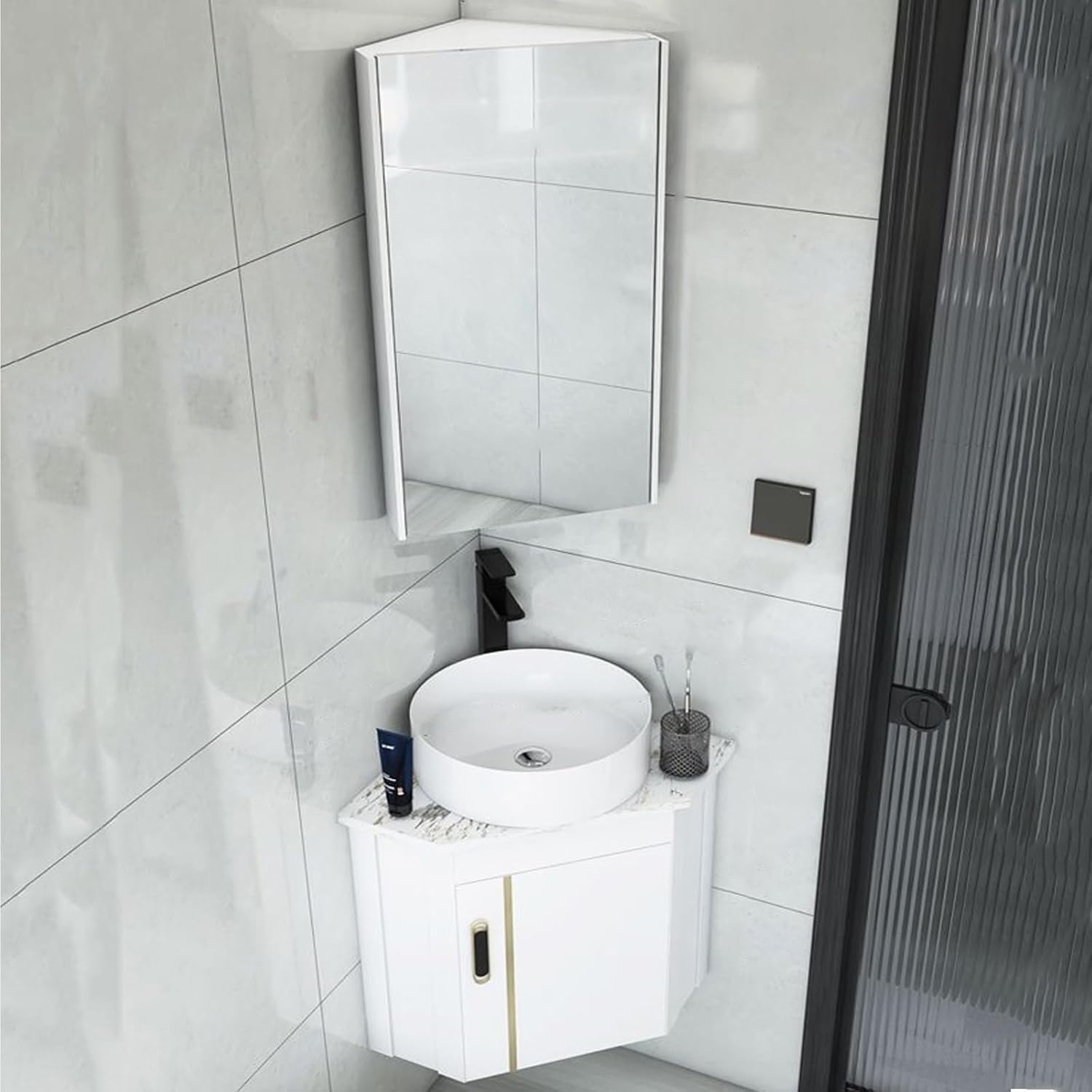 Corner Bathroom Vanity Wall Mount Small Utility Sink with Metals Cabinet Modern Bathroom Vanity Slate Countertop, Deeper Sink for Small Space(43cm)