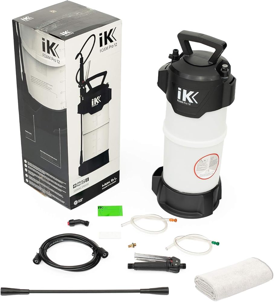 The Rag Company Goizper Group iK Sprayers - Foam Pro 12 Pump Sprayer - Professional Auto Wash, Dry/Wet Foam Spray, Pressure Release Safety Valve, PVC Hoses (6 Liters), Multicolor (IKS-82676+RAG)