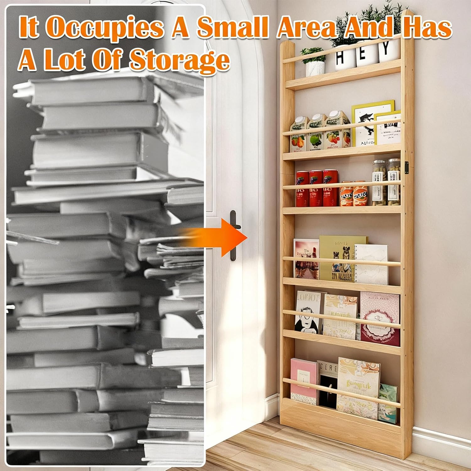 Behind The Door Bookshelf, Wooden Kids Bookshelf 6-Tier Organizer for Books and Toy Storage Wall Mount for Adult Space-Saving Book Shelf in Bedroom, Living Room, Playroom Wood
