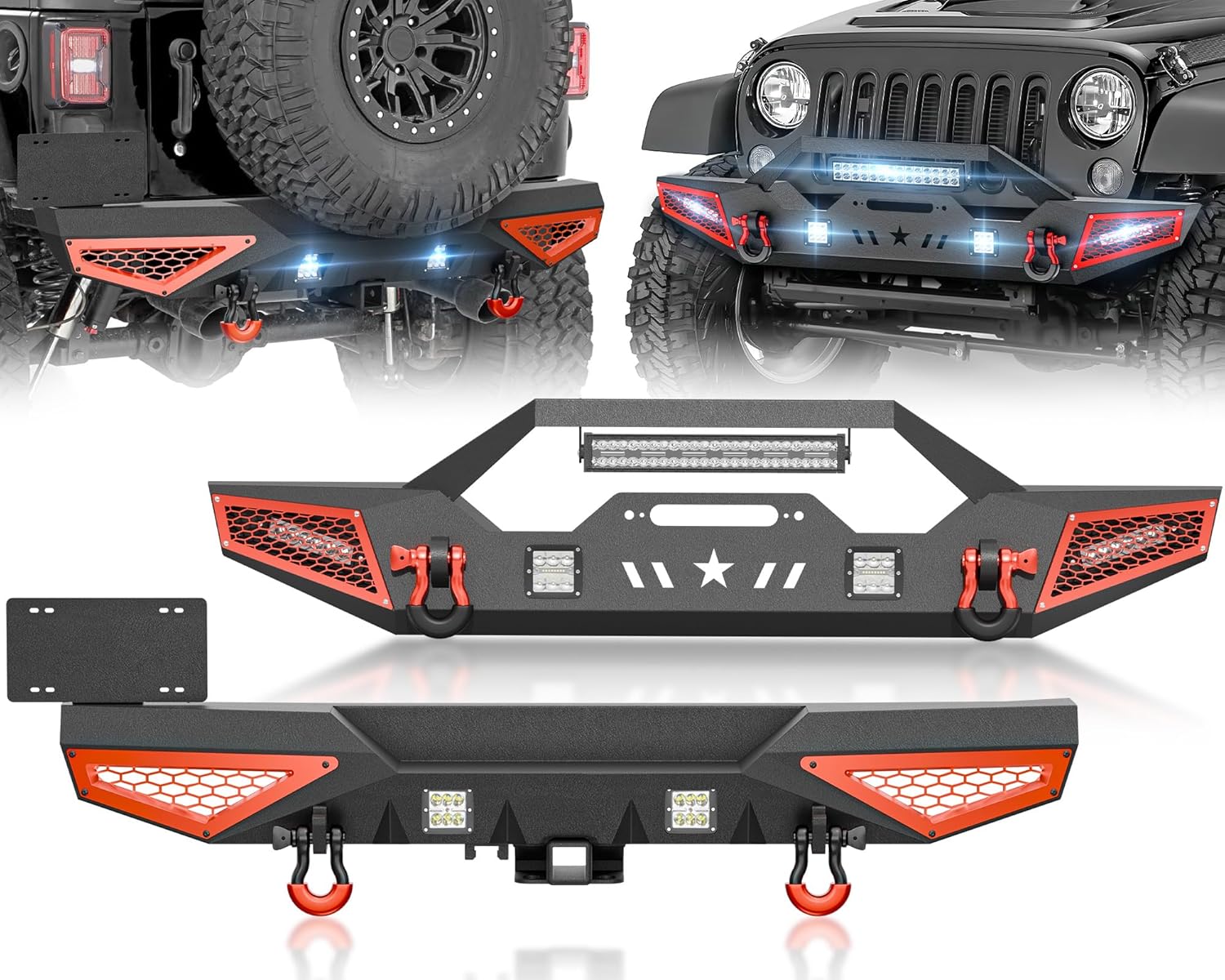 for Wrangler JK Front & Rear Bumpers Compatible with 2007-2018 Jeep Wrangler JK JKU Unlimited with Winch Plate, 7 x LED Lights, 2