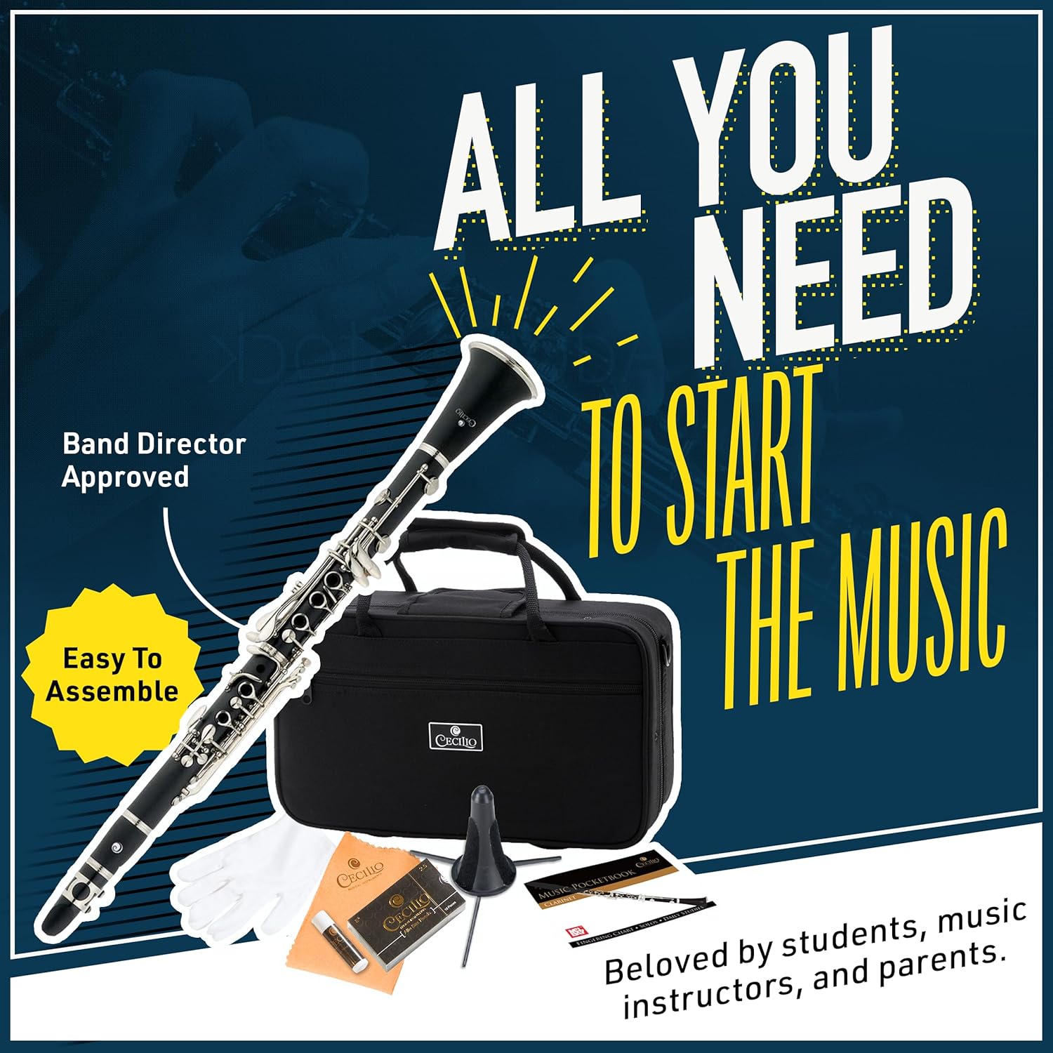 Mendini by Cecilio B Flat Clarinet for Beginner, Ebonite Bb Clarinet with 2 Replaceable Barrels, 10 Reeds, Stand, Pocketbook, Mouthpiece, Hard Case, Gloves (Black)