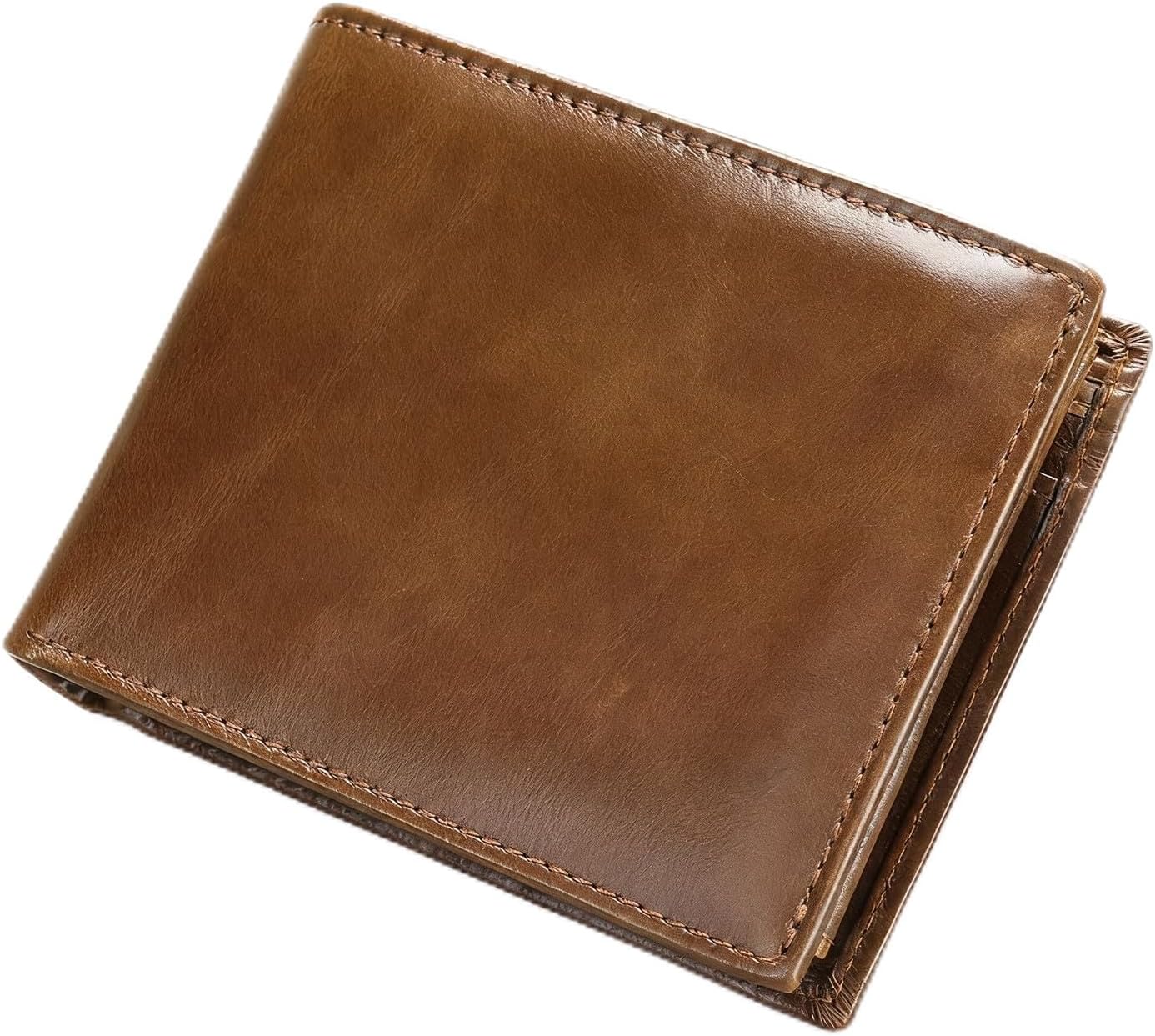Genuine Leather Wallet for Men RFID Blocking Slim Bifold Large Capacity 13 Card Slots 1 ID Window Front Pocket Gift (CoffeeBrown-01)
