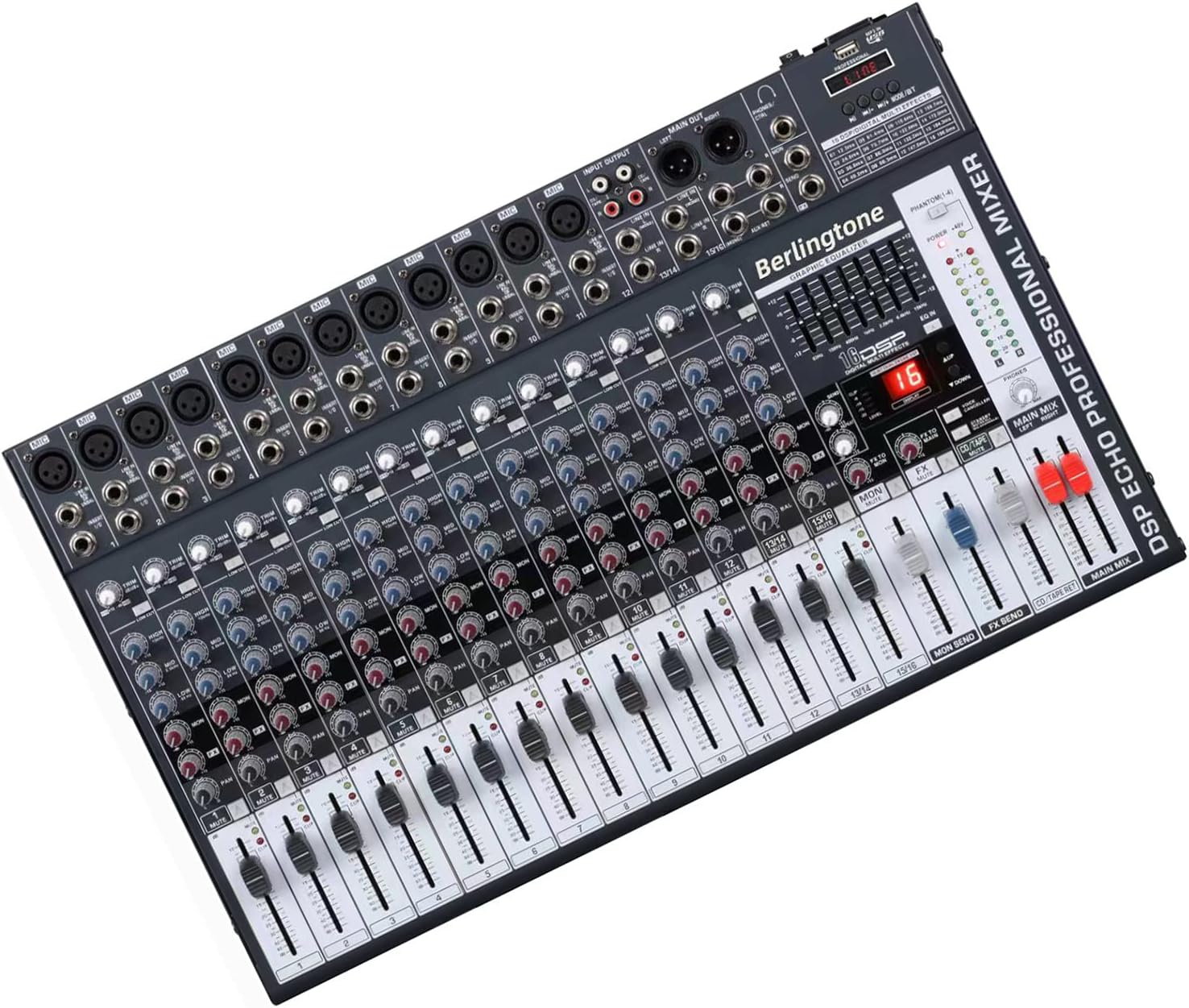 -Berlingtone,16 Channel Professional Bluetooth Studio Audio Mixer - DJ Sound Controller, USB MP3 Player, 14 Microphone Jack, 7 Band EQ, 16 BIT Digital FX, 48V Phantom Power, Unpowered (BR-166MX)