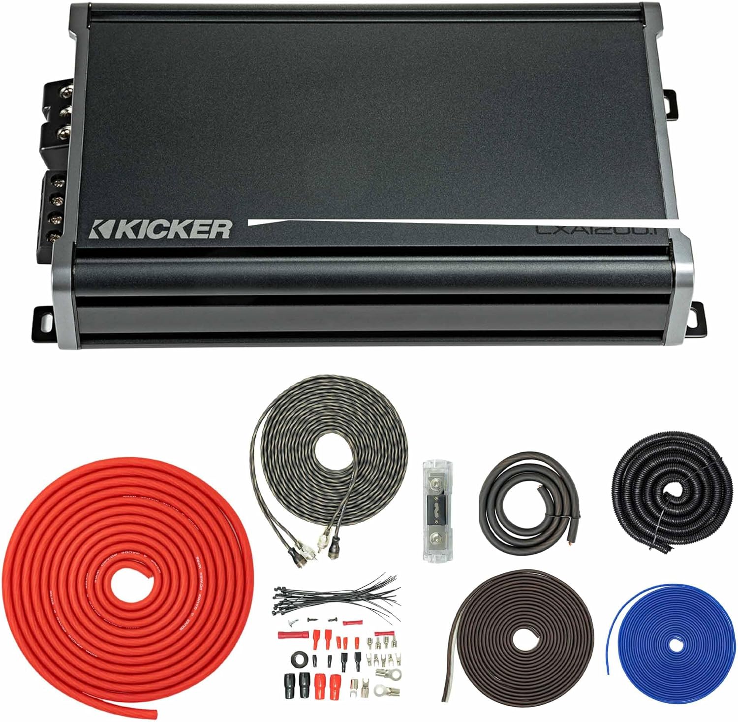 Kicker 46CXA18001 1800W CX Series Mono Class D Subwoofer Amplifier + SoundBox T4AW-R 4 Gauge Amp Kit Bundle – Complete Install Wiring, 4500W, 12dB Crossover, KickEQ Bass Boost