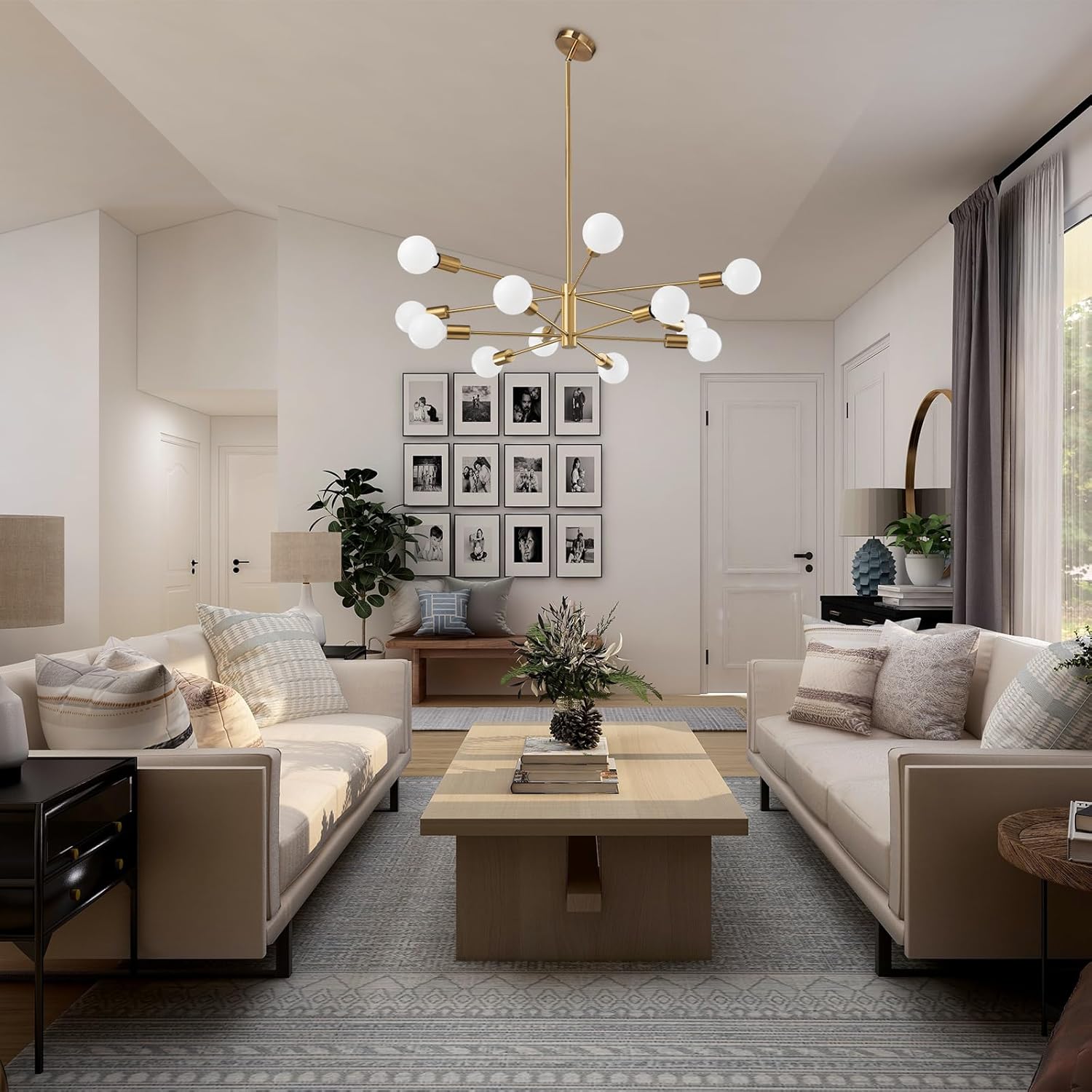 Modern Sputnik Chandeliers Light, 12-Light Gold Gold Dining Room Chandelier Over Table, Height Adjustable Industrial Semi Flush Mount Mid Century Chandelier for Kitchen Island Living Room