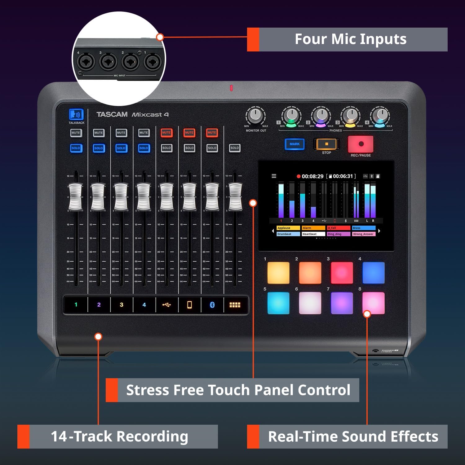 TASCAM Mixcast 4 Podcast Streaming Mixer, Recorder, and USB Audio Interface — Four XLR/TRS Mic Inputs, Touch Screen and Editing Software Included