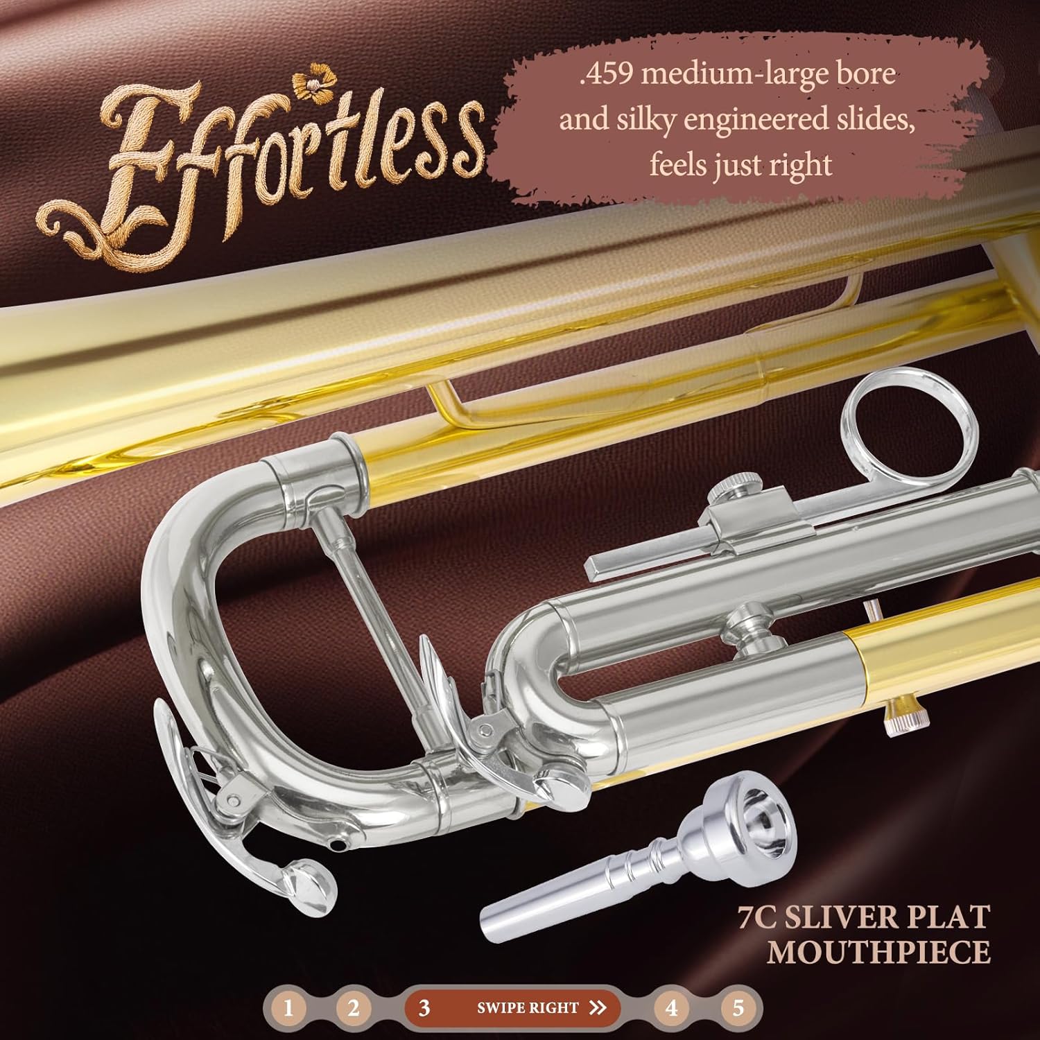 ALLSET Bb Standard Trumpet for Beginners | Student Band, Orchestra, Pro Level Performance | Professional Brass Trumpet Kit with Hard Case, 7C Mouthpiece& Cleaning Kit | Gold Tube & s Silver key