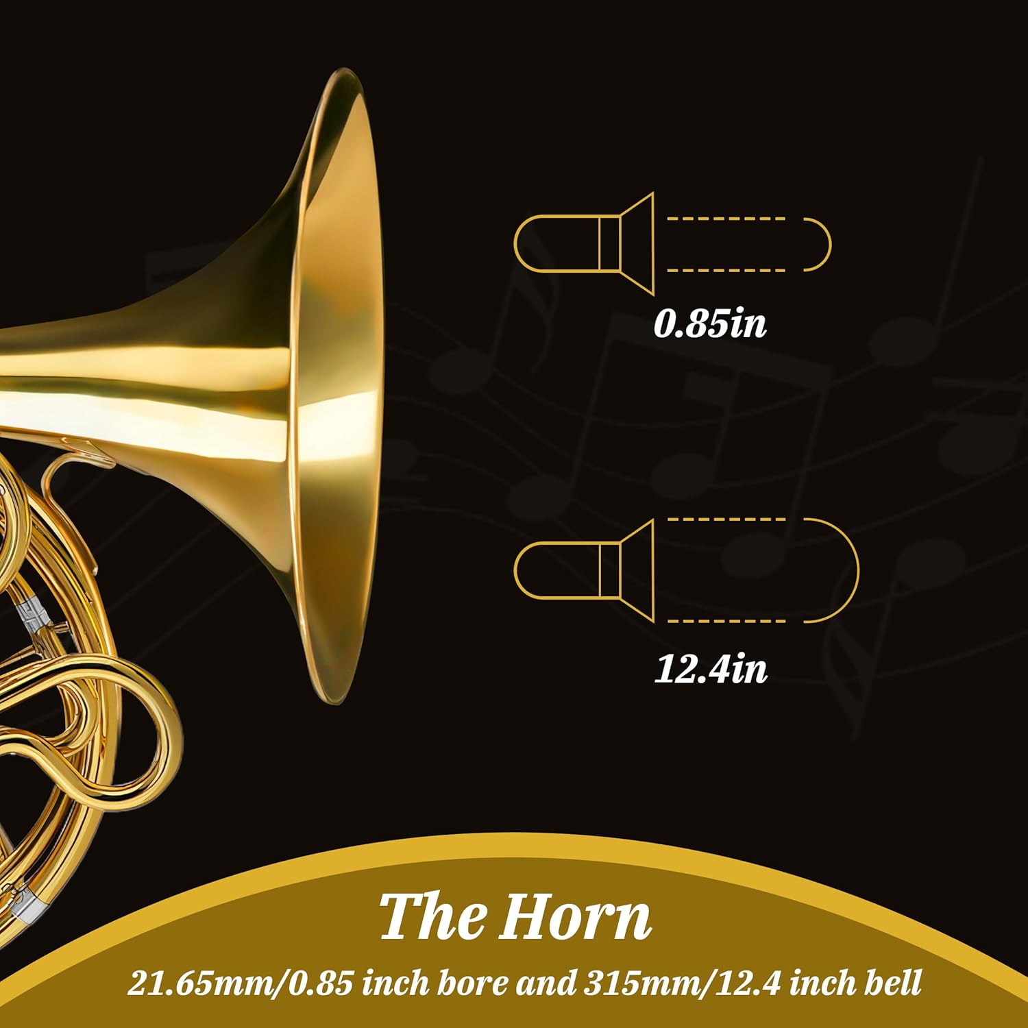 Double French horn F/Bb 4 keys, French horn lacquered gold, comes with case, mouthpiece, gloves, cleaning cloth, brush