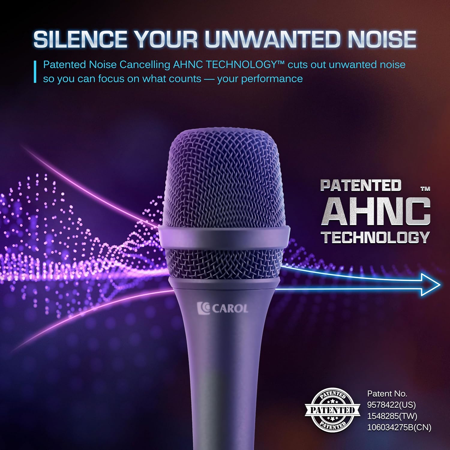 CAROL AC-900 XLR Wired Vocal Microphone – Dynamic Supercardioid Mic with Dual-Engine AHNC Noise Cancelling Tech for Singing, Karaoke, Stage & Studio, Includes Mic Clip & 14.8ft XLR Cable - Gray