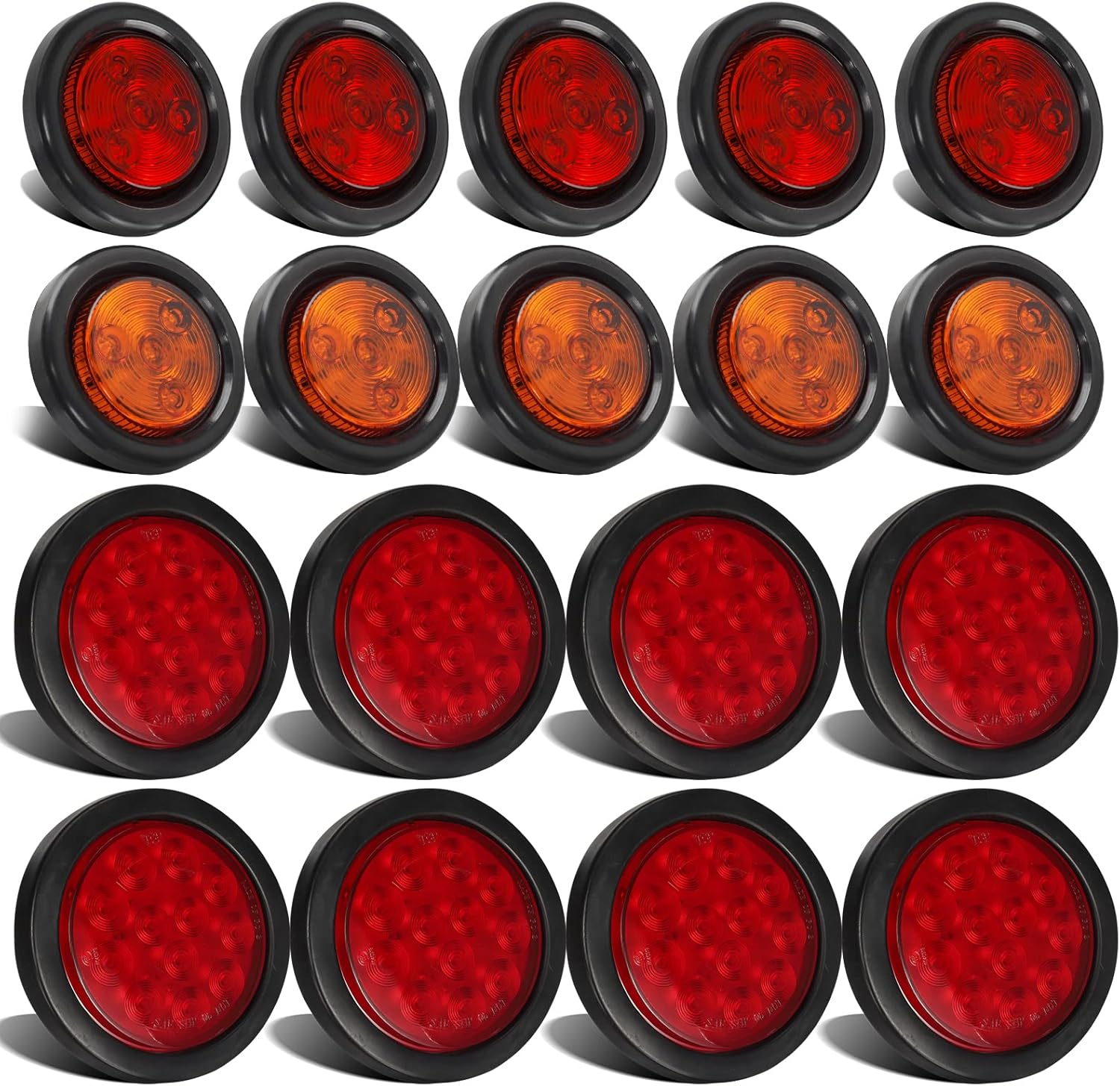 Partsam Led Trailer Lights Kit, 8Pcs 4 Inch Round Led Trailer Tail Lights 12LED + 10Pcs 2 Inch Round LED Side Marker Clearance Lights 4 Diodes(5Amber+5Red), Grommet Plugs and Wire Pigtails Included