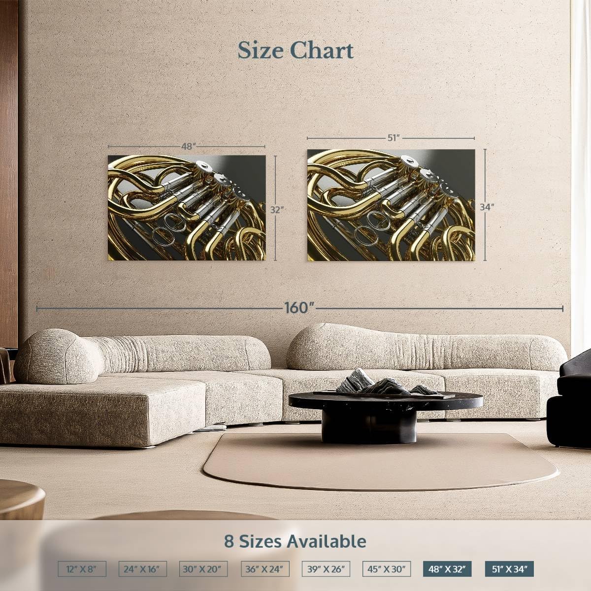 ElephantStock - Shiny French Horn Wall Art - Horizontal Canvas Wall Art - Living Room Wall Decor - Photography Music Canvas Art - Gray And Beige Decor - 51