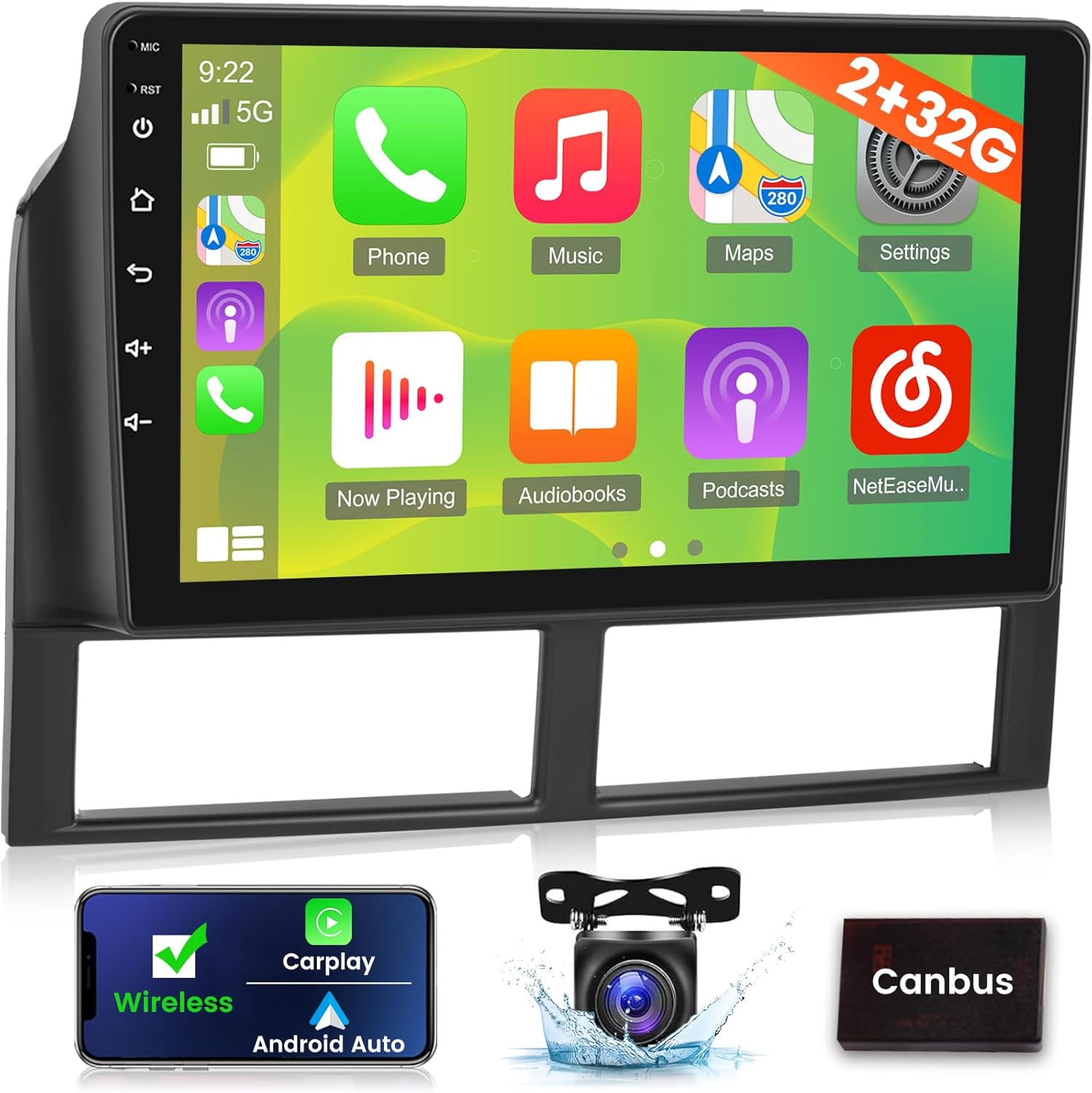 [2G+32G] Car Radio for Jeep Grand Cherokee 1999 2000 2001 2002 2003 2004-9 inch Android Touch Screen DSP Audio - Apple Carplay/Android Auto/1080P/Mirror Link/WiFi/SWC + AHD Backup Camera + Mic