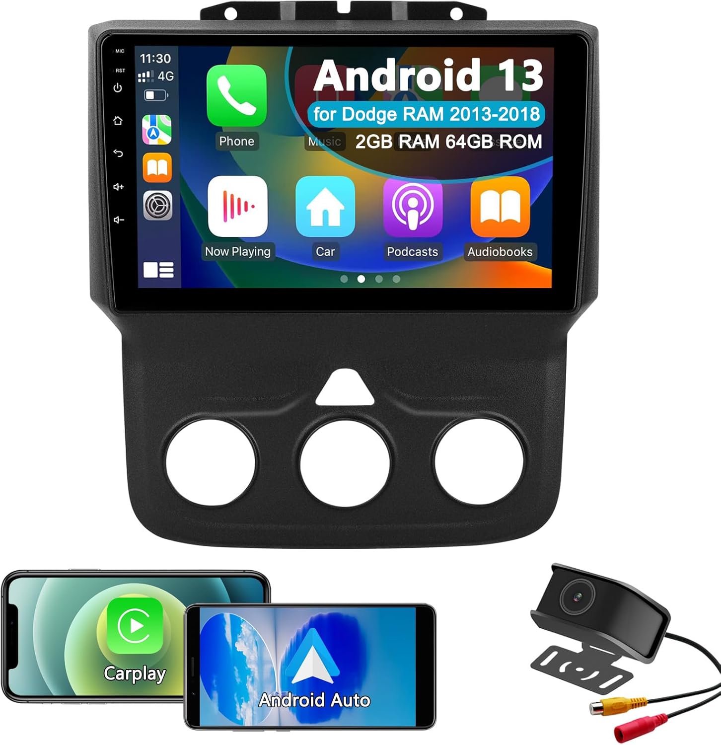 Car Stereo Radio for Dodge RAM 1500 2500 3500 2013 2014 2015 2016 2017 2018, Android 13 2G+64G Head Unit for Ram, 9 inch IPS Touch Screen Wireless CarPlay/Android Auto Bluetooth WiFi, Backup Camera