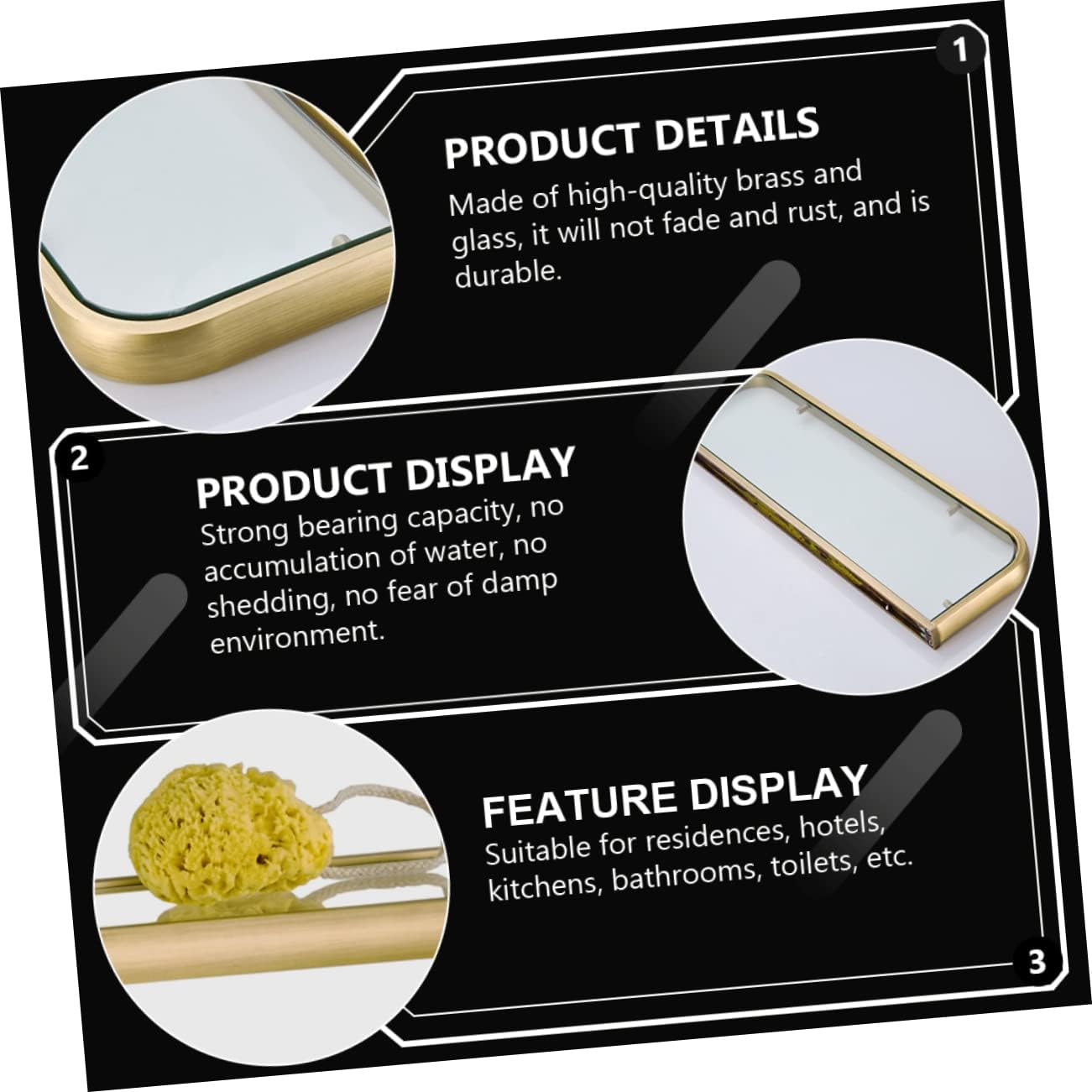 Cabilock Wall Organizer Rack Glass Shelf Unit Hanging Wall Shelf Bathroom Rack Brass Material