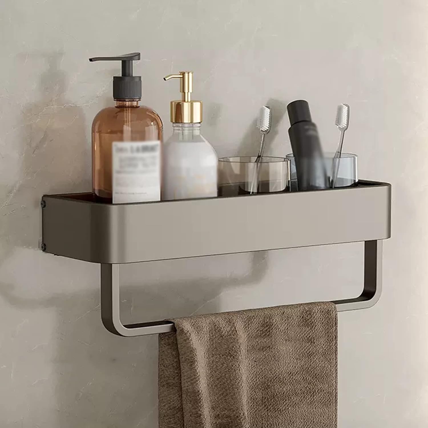Bathroom Shelf Bathroom Shelf with Towel Bar Wall Mount Bathroom Shelves Metal Aluminum Wall Mounted Lavatory Shelves Organizer Modern Gray Finish Bathroom Wall Shelves (Size : L40cm)