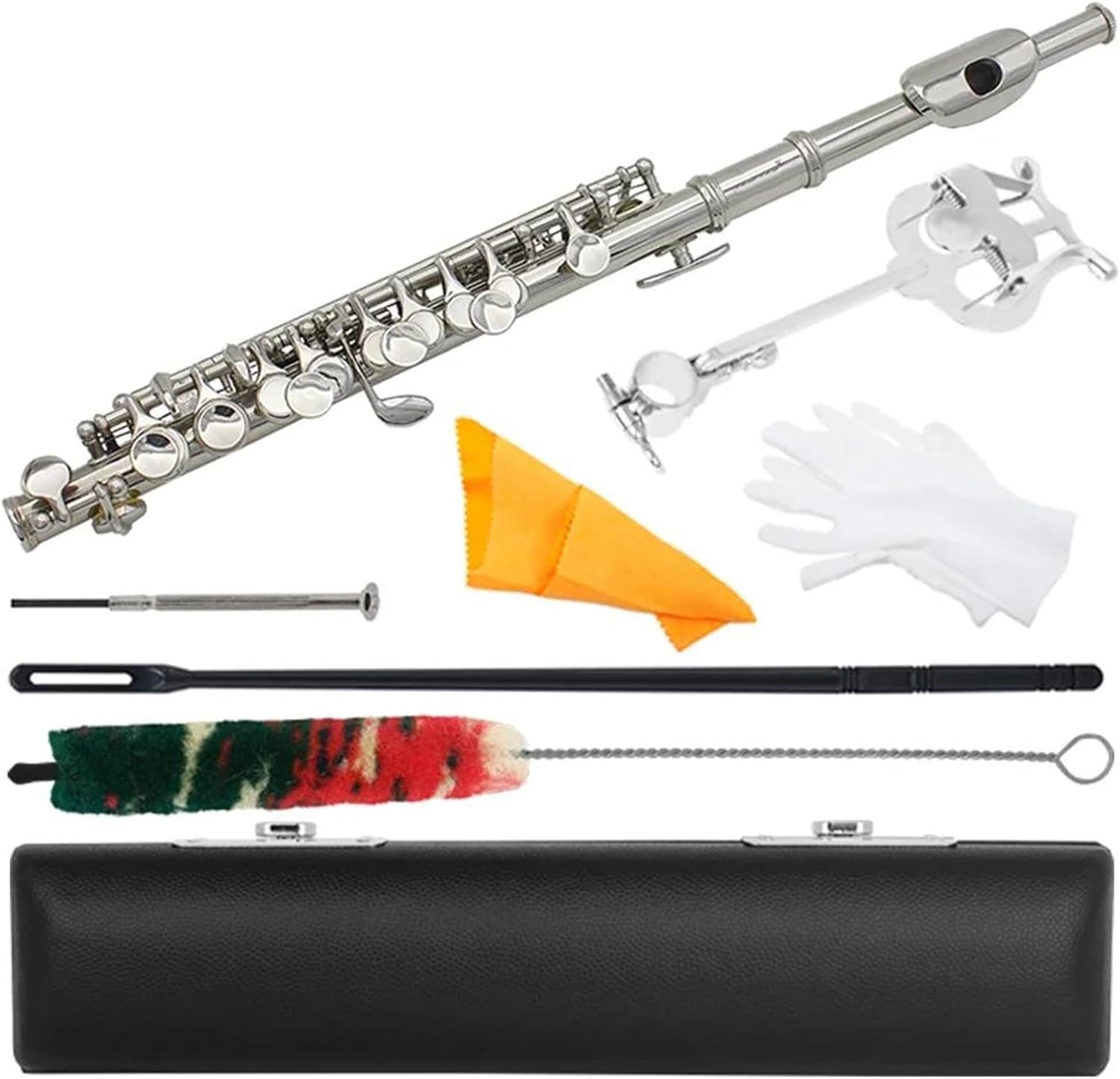 Professional Flute Piccolo 16 Holes C Key Piccolo Cupronickel Body Half-size Flute Woodwind Instrument With Case Music Stand Set(Silver)