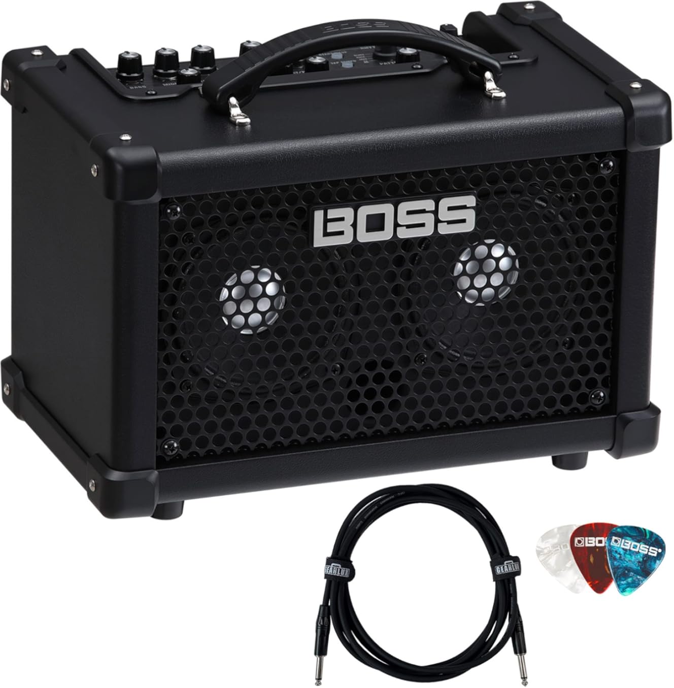 Boss Dual Cube LX 2 x 5-inch 10-watt Portable Bass Guitar Combo Amplifier Bundle with Gearlux Instrument Cable and Picks