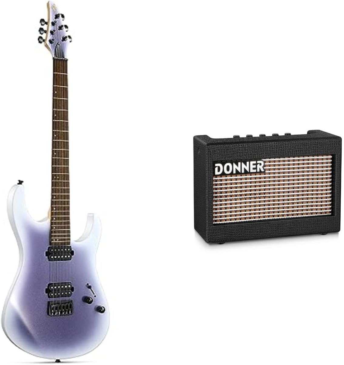 Solid Body Electric Guitar, 39 Inch Metal Electric Guitar, Gradient Violet and Mini Electric Guitar Amp Wooden 3W
