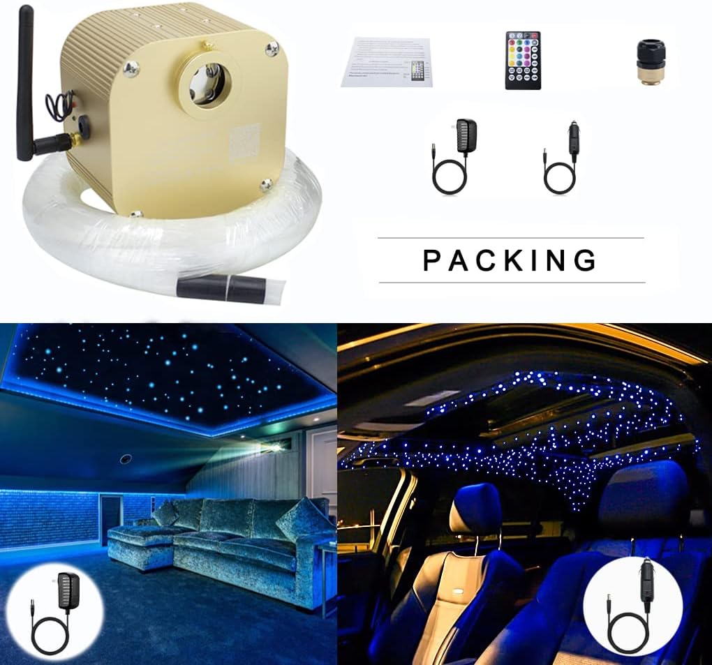 AZIMOM Bluetooth Control 16W Twinkle Fiber Optic Lights Star Ceiling Lighting Kits 450pcs0.03in 9.8ft Fiber Strands RGBW Music Mode Light Engine for Home Indoor Car Interior Decoration