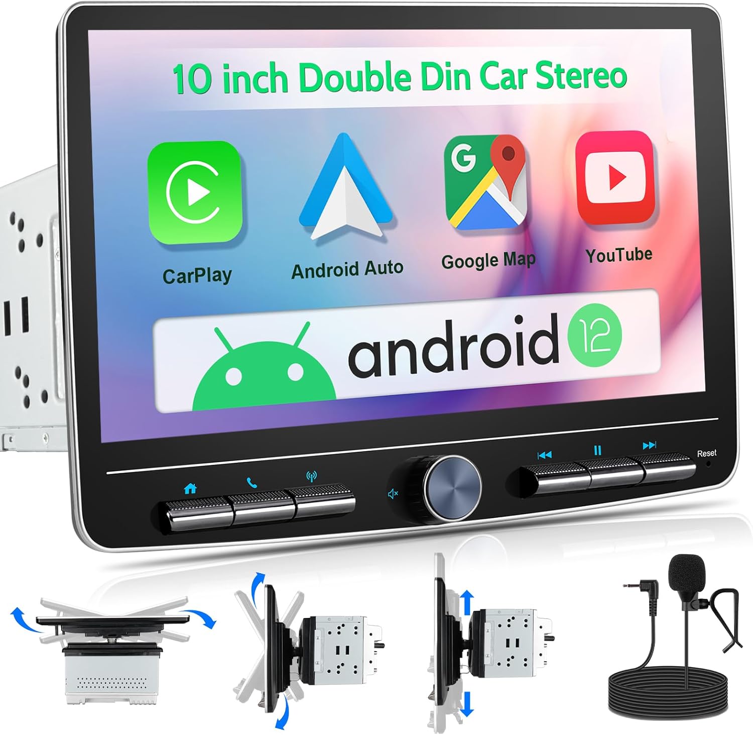 Double Din Car Stereo: 10 Inch Android Double Din Car Radio Touch Floating Screen Compatible with Apple Carplay Android Auto, 2Din Head Unit Car Audio Receiver with AM/FM, GPS Navi, SWC, MIC