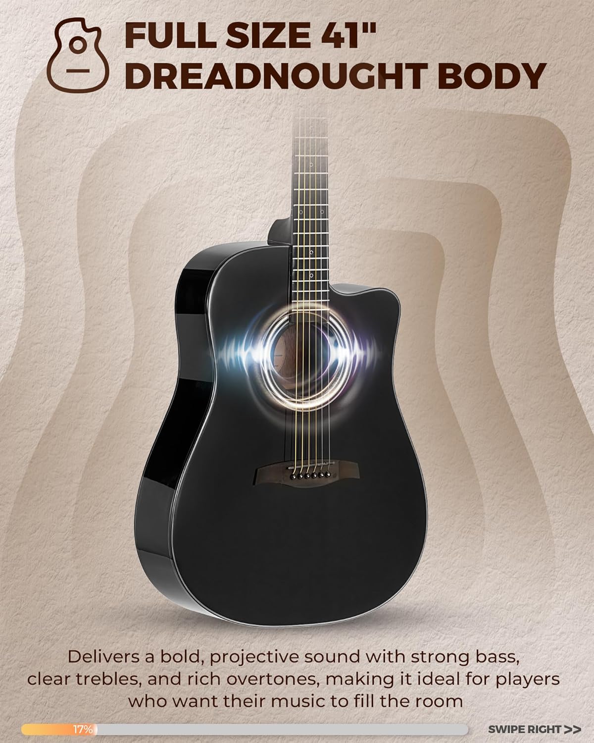 Acoustic Guitar Kit, 41 Inch Full Size 6 String Cutaway Guitarra Acústica for Beginner Adults with Tuner, Gig Bag, Strap, Steel Strings, Capo, Pickguard, Picks, FD60C, Black